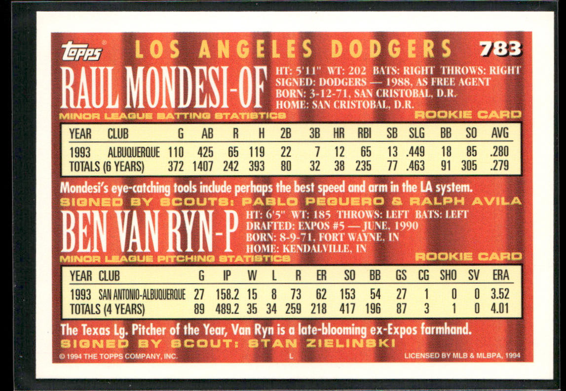 Raul Mondesi / Ben Van Ryn CA, RC 1994 Topps #783 RC Los Angeles Dodgers