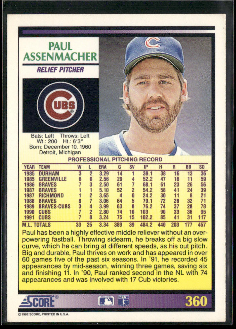 Paul Assenmacher 1992 Score #360 Chicago Cubs