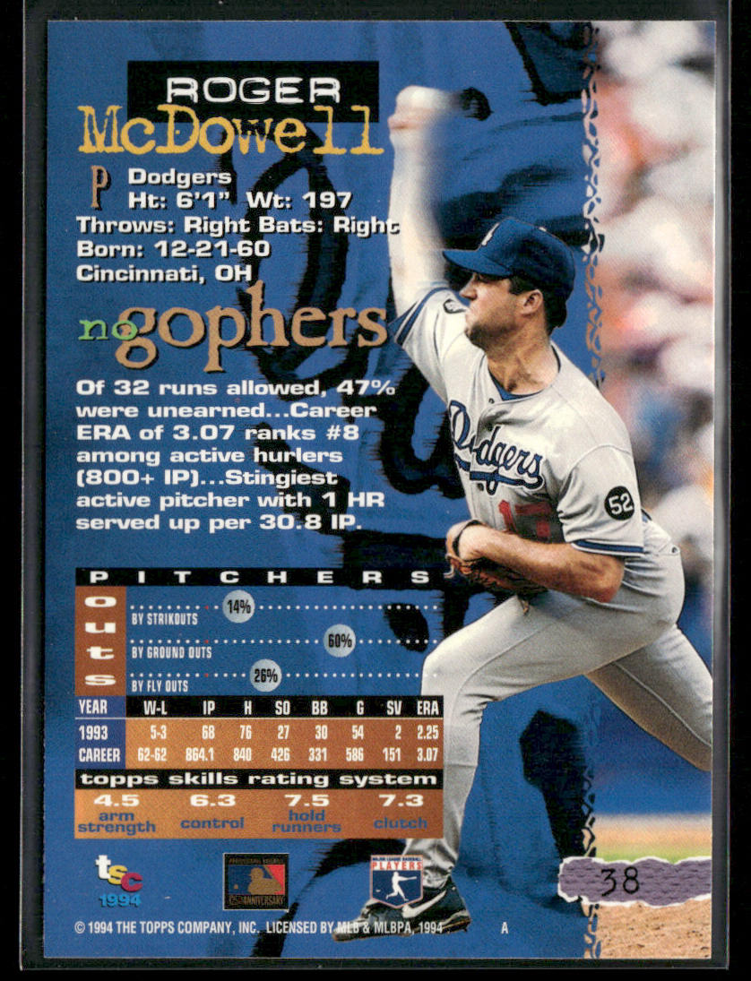 Roger McDowell 1994 Stadium Club #38 Los Angeles Dodgers