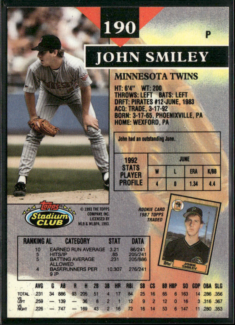 John Smiley 1993 Stadium Club #190 Minnesota Twins