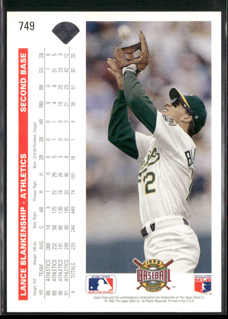 Lance Blankenship 1992 Upper Deck #749 Oakland Athletics