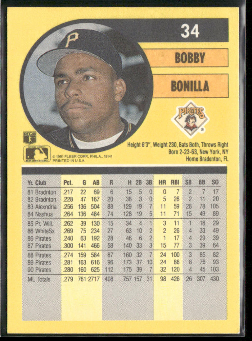 Bobby Bonilla 1991 Fleer #34b Pittsburgh Pirates