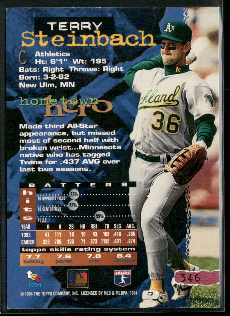 Terry Steinbach 1994 Stadium Club #346 Oakland Athletics
