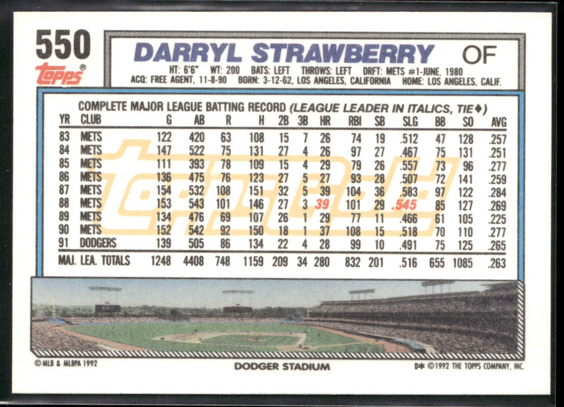 Darryl Strawberry 1992 Topps Gold Winners #550a print code D* Dodgers