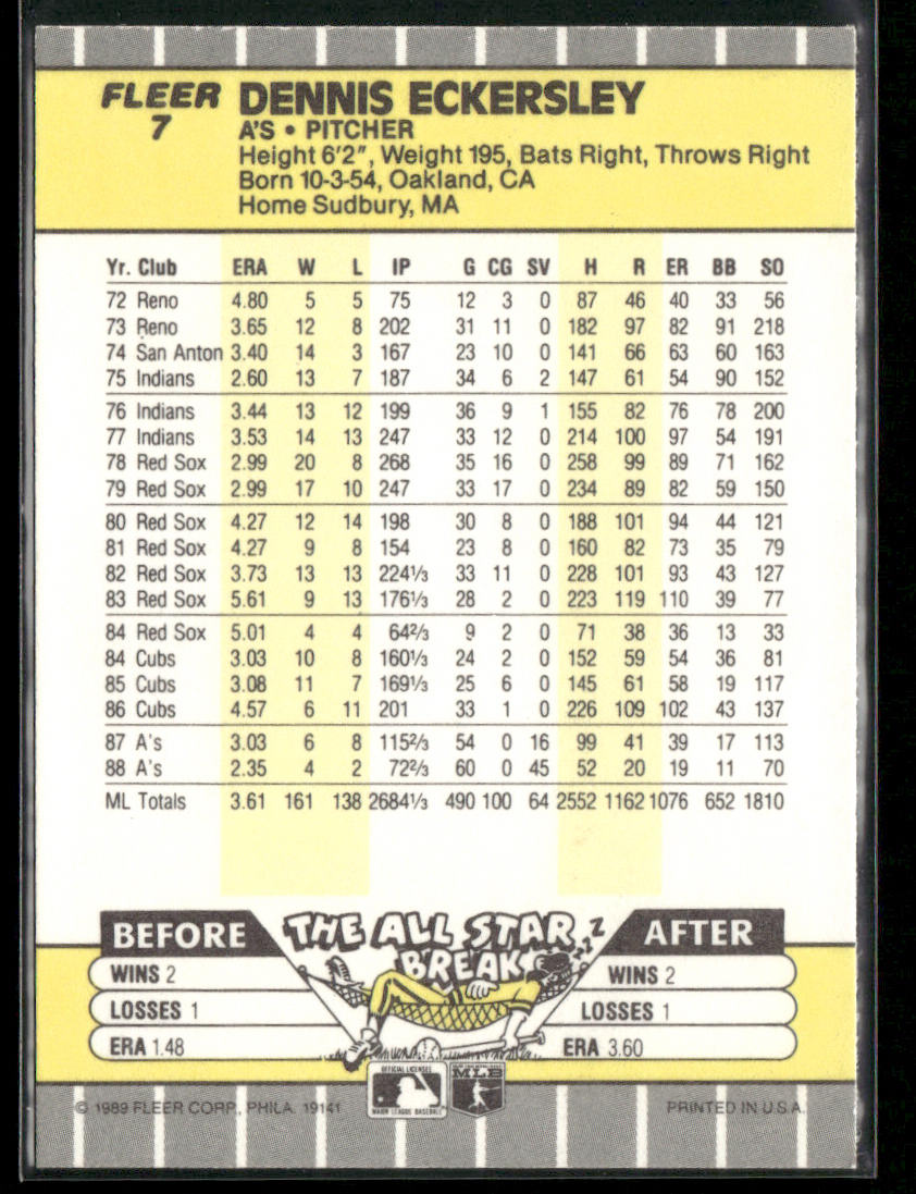 Dennis Eckersley 1989 Fleer #7 Oakland Athletics