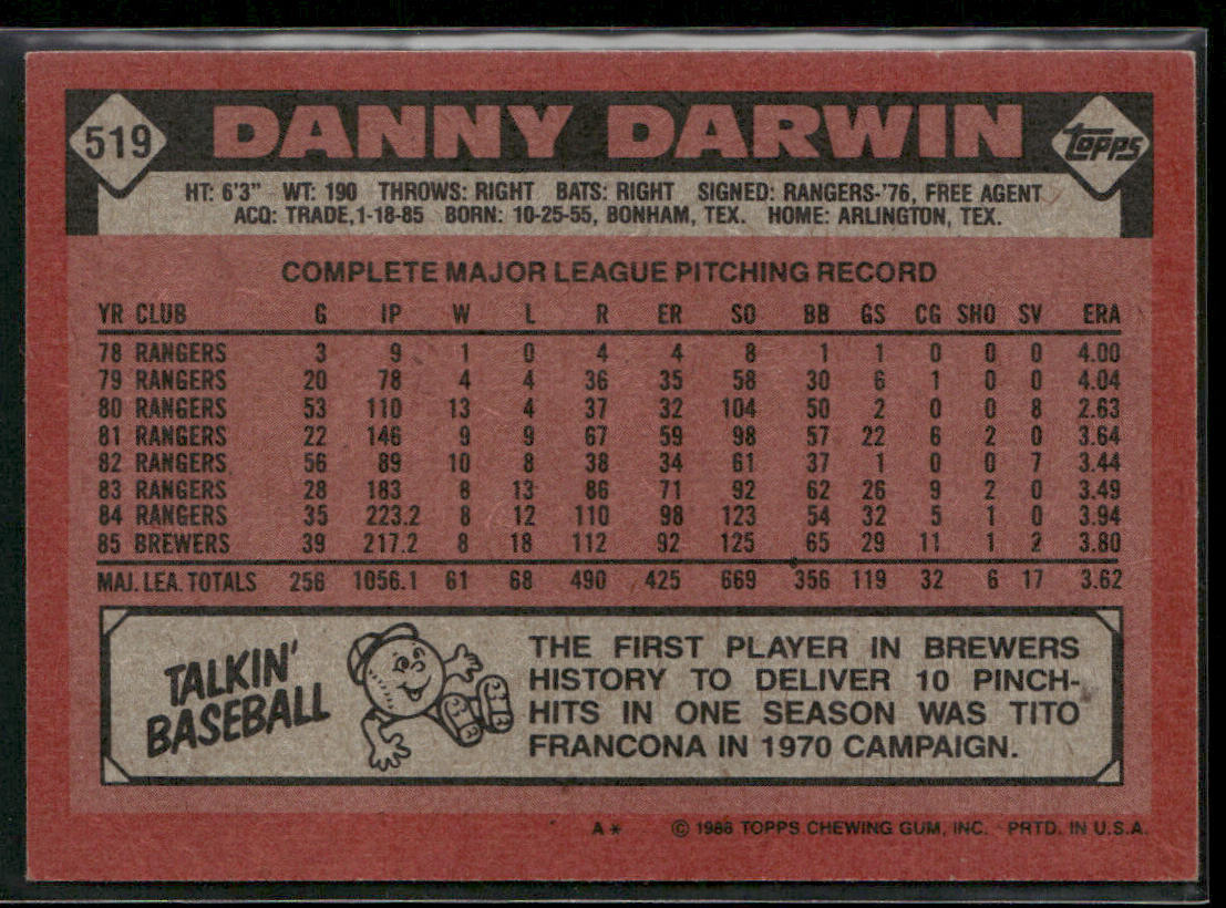 Danny Darwin 1986 Topps #519 Milwaukee Brewers