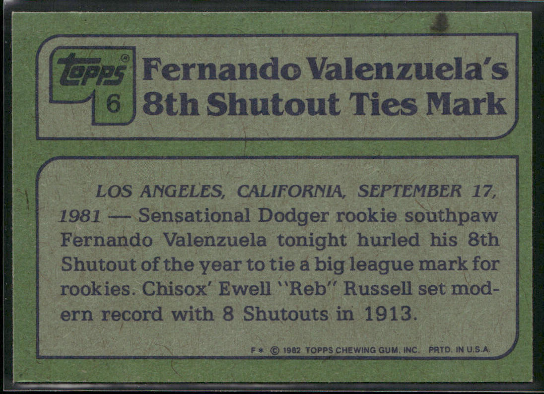 Fernando Valenzuela 1982 Topps #6 Los Angeles Dodgers back