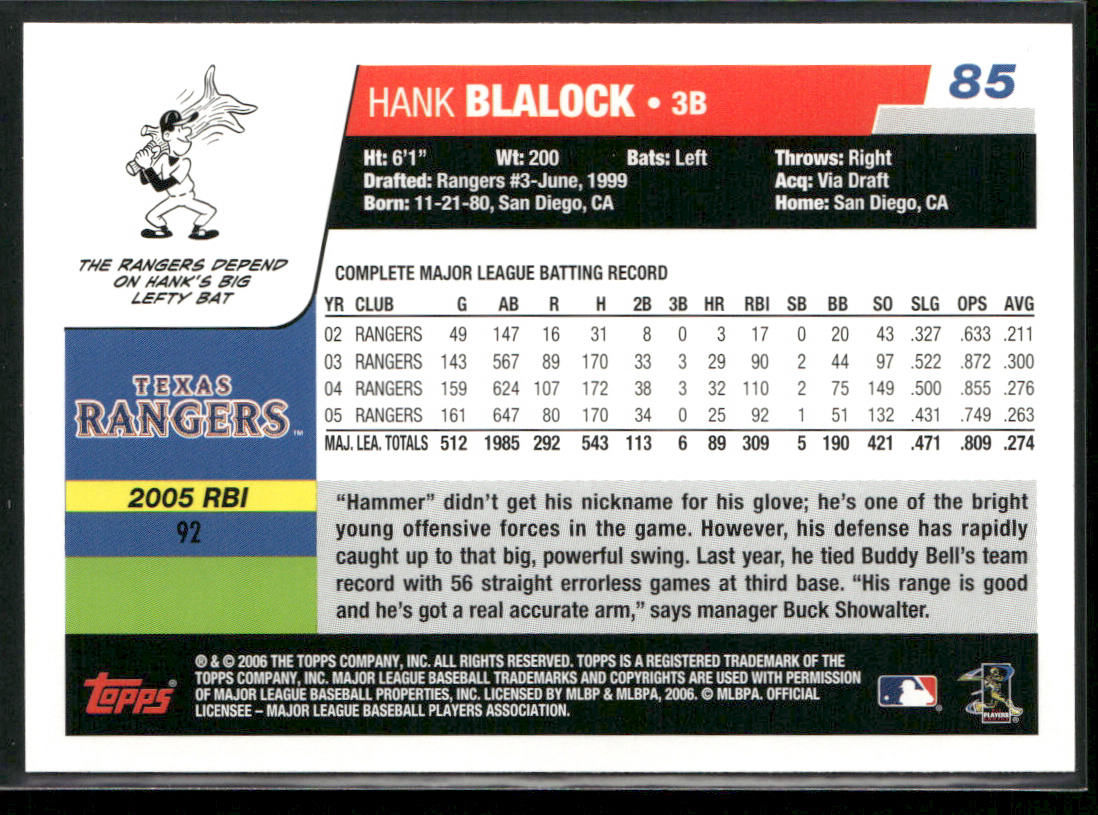 Hank Blalock 2006 Topps #85 Texas Rangers back