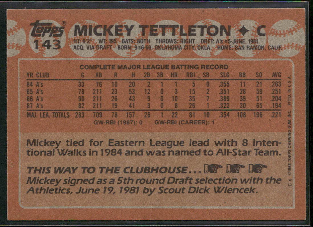 Mickey Tettleton 1988 Topps #143 Oakland Athletics