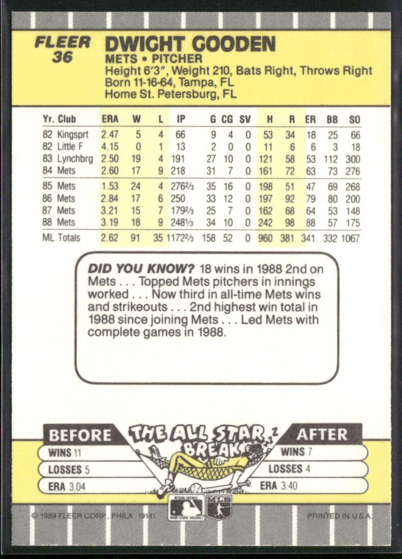 Dwight Gooden 1989 Fleer #36 New York Mets