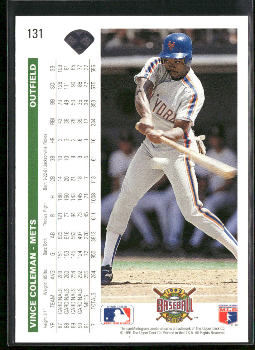 Vince Coleman 1992 Upper Deck #131 New York Mets back