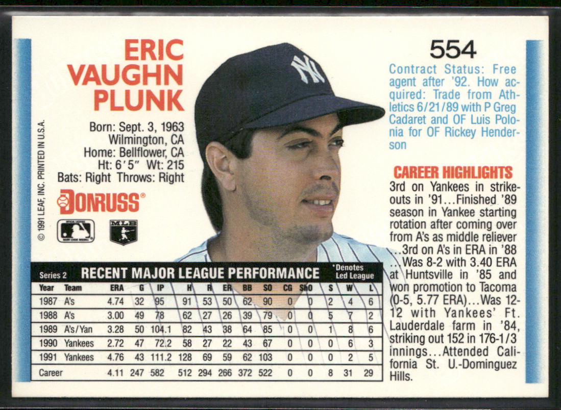 Eric Plunk 1992 Donruss #554 New York Yankees