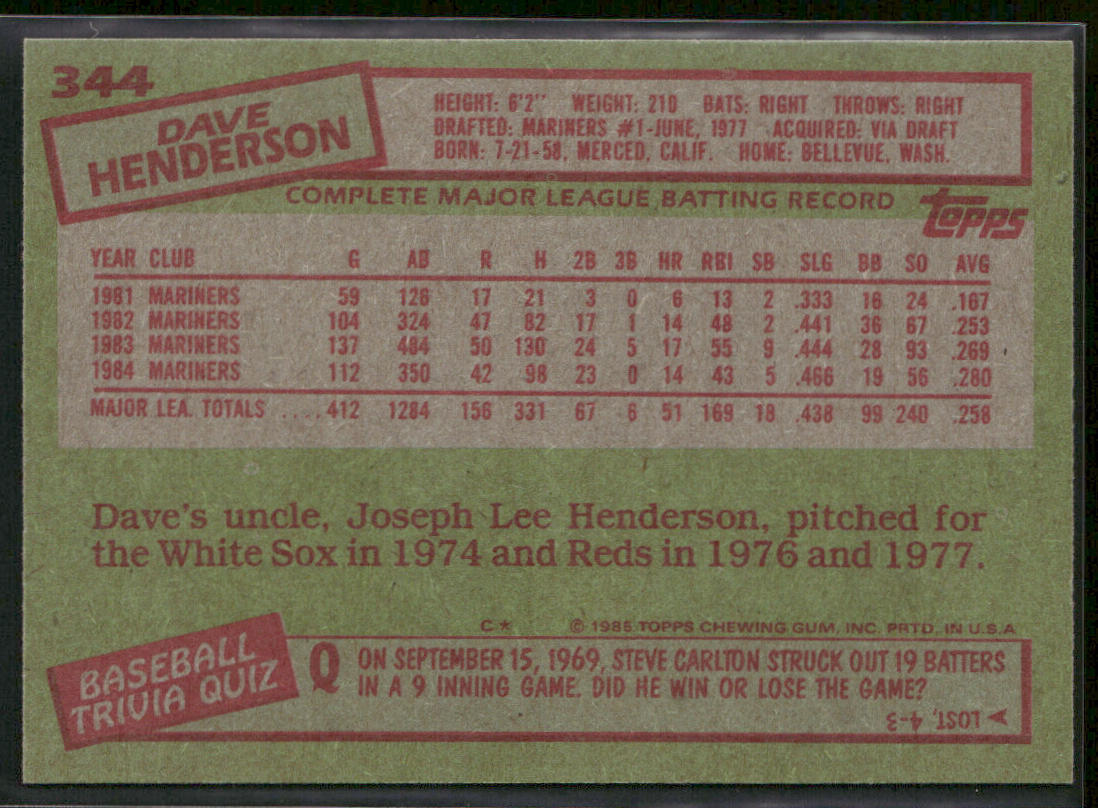 Dave Henderson 1985 Topps #344 Seattle Mariners