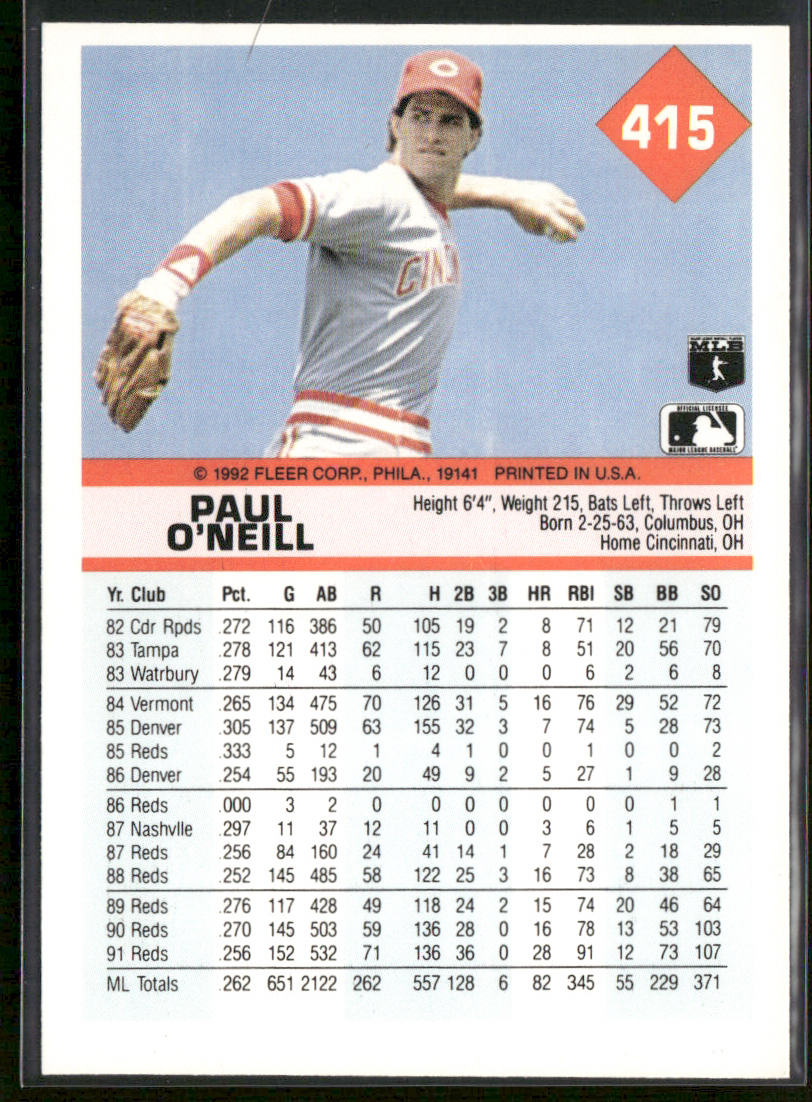 Paul O'Neill 1992 Fleer #415 Cincinnati Reds