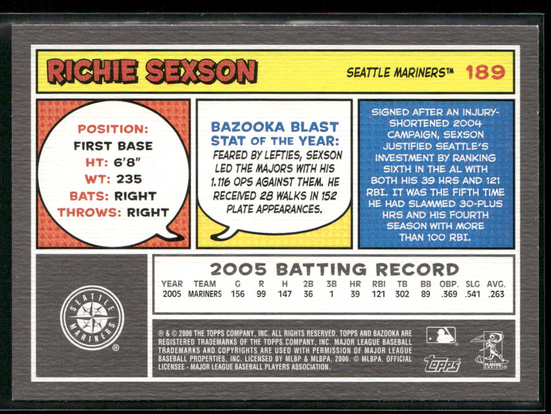 Richie Sexson 2006 Bazooka #189 Seattle Mariners back