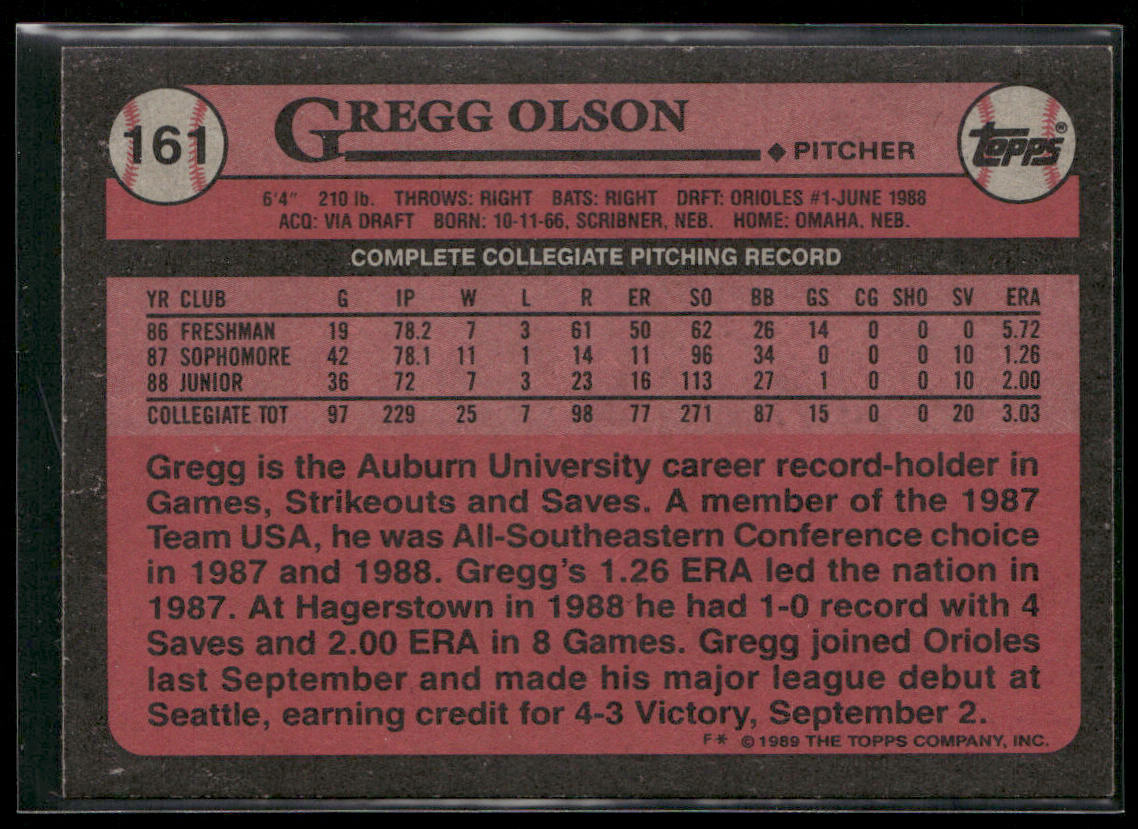 Gregg Olson 1989 Topps #161 RC Baltimore Orioles
