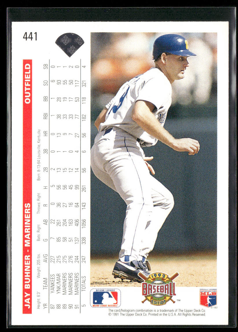 Jay Buhner 1992 Upper Deck #441 Seattle Mariners back