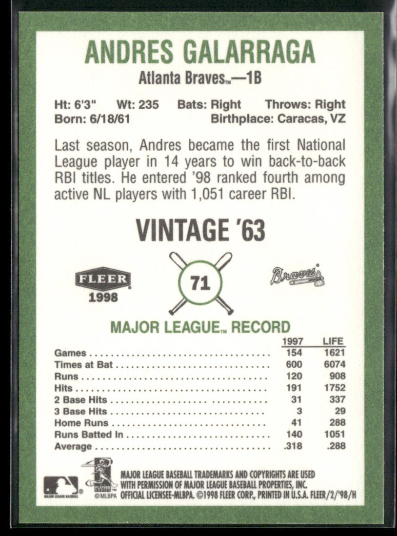 Andres Galarraga 1998 Fleer Tradition Vintage #71 Atlanta Braves