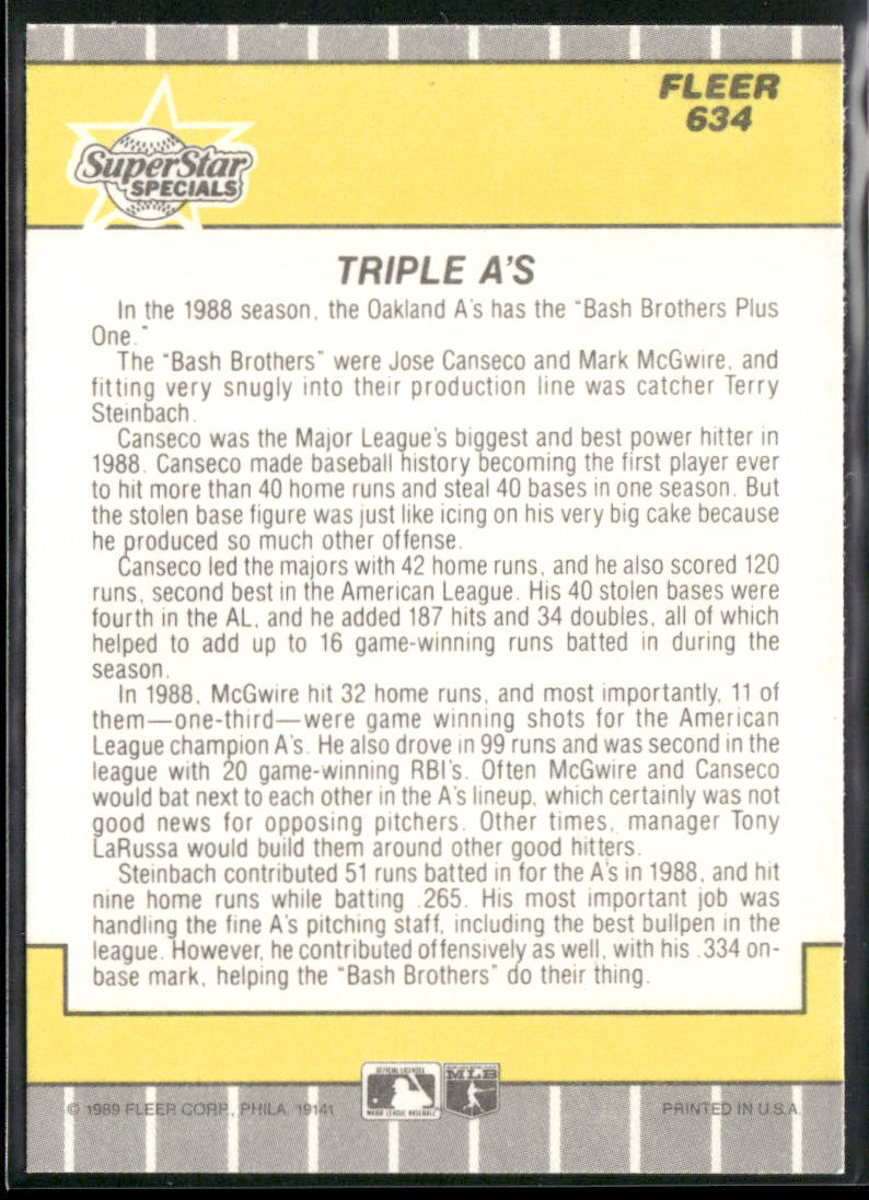 Triple A's (Canseco / Steinbach / McGwire) 1989 Fleer #634 Oakland Athletics