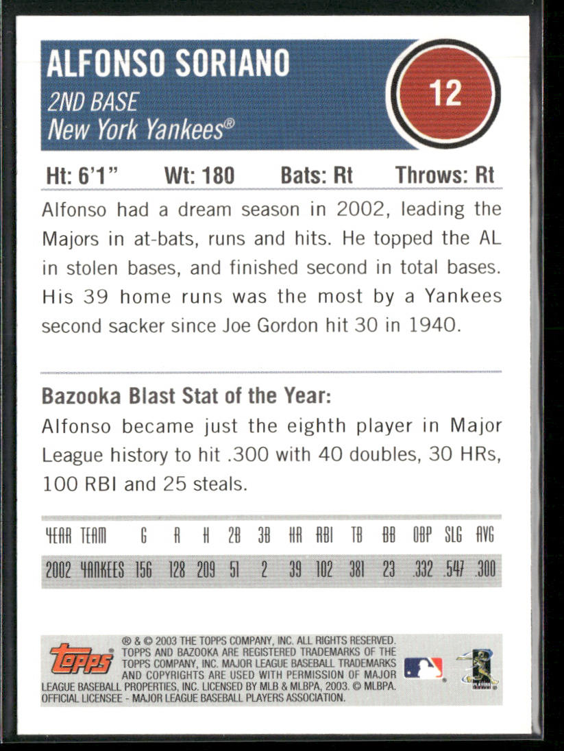 Alfonso Soriano 2003 Bazooka #12 New York Yankees back