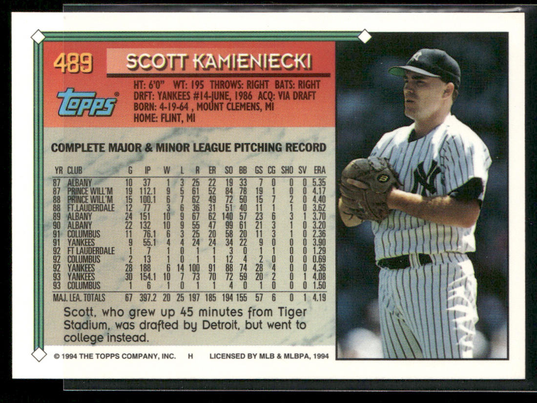 Scott Kamieniecki 1994 Topps #489 New York Yankees