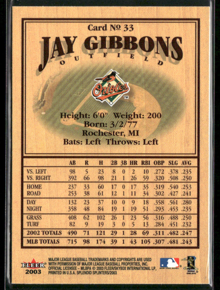 Jay Gibbons 2003 Fleer Splendid Splinters #33 Baltimore Orioles