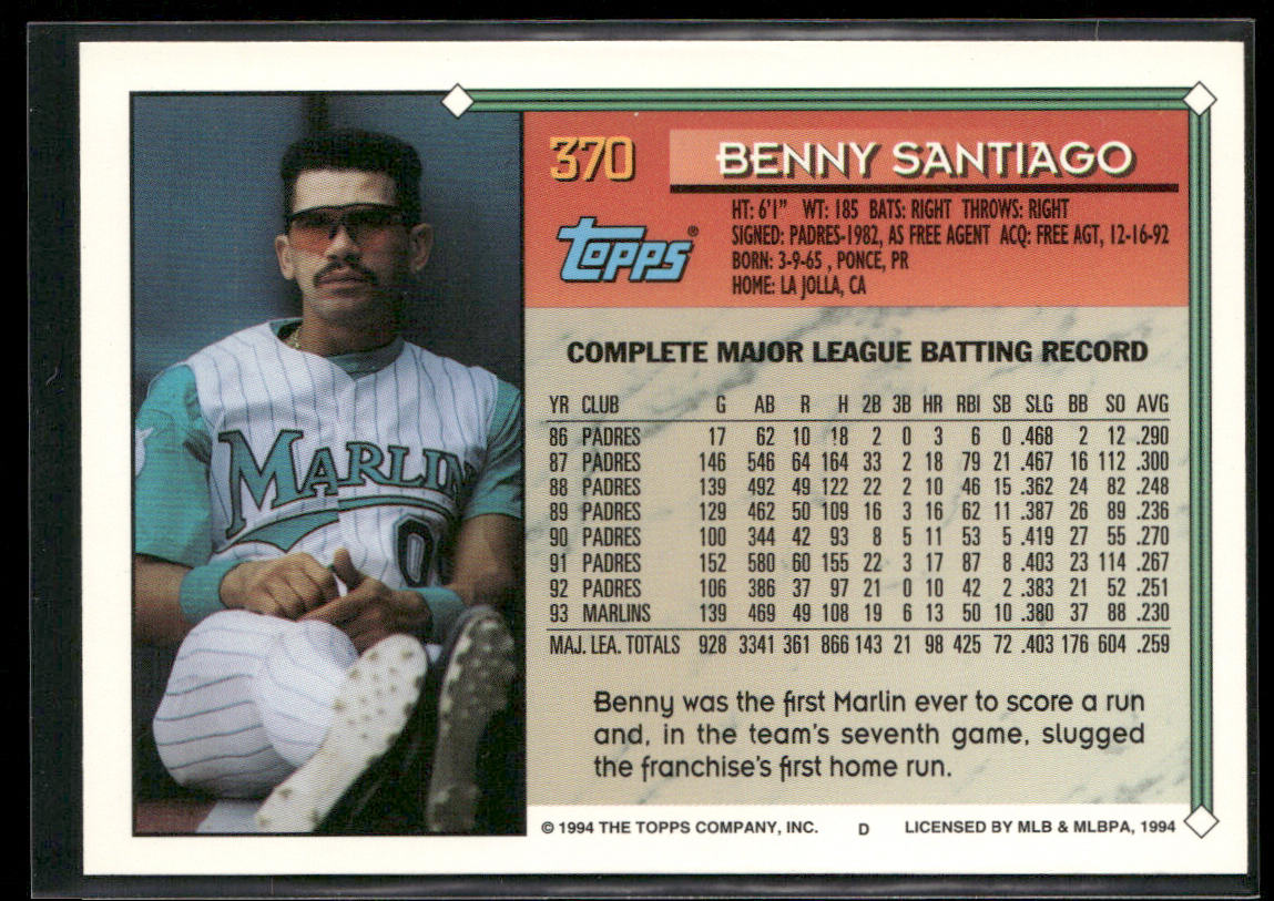 Benny Santiago 1994 Topps #370 Florida Marlins