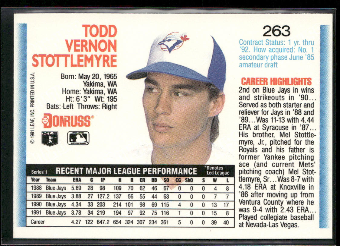 Todd Stottlemyre 1992 Donruss #263 Toronto Blue Jays back