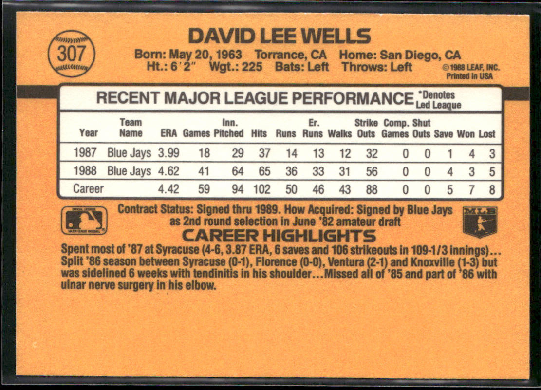 David Wells 1989 Donruss #307 Toronto Blue Jays