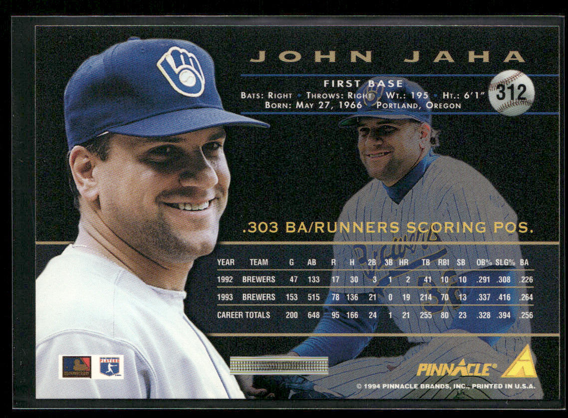 John Jaha 1994 Pinnacle #312 Milwaukee Brewers