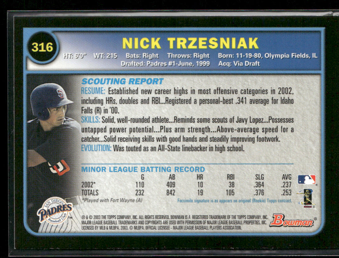 Nick Trzesniak 2003 Bowman #316 RC San Diego Padres back