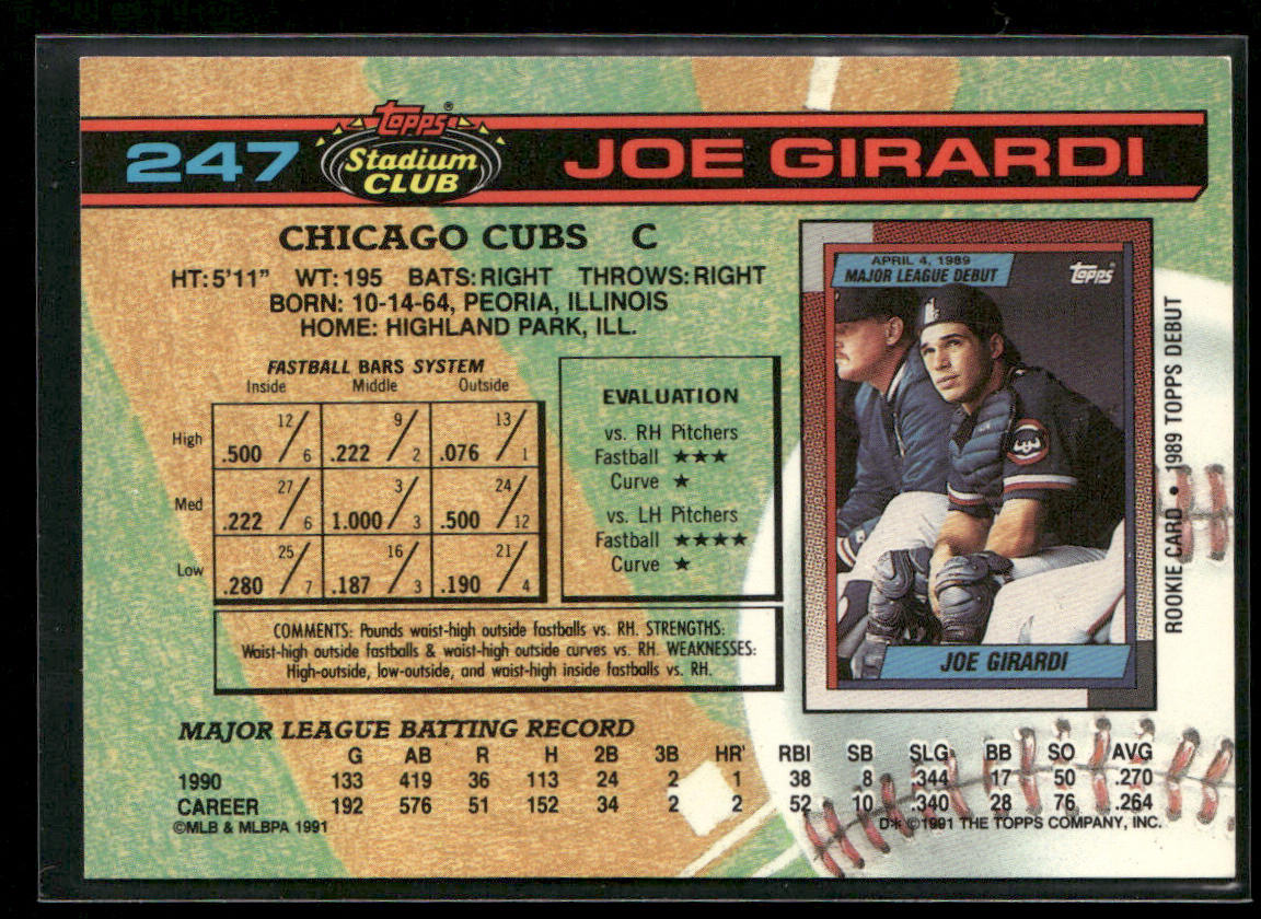 Joe Girardi 1991 Stadium Club #247 Chicago Cubs