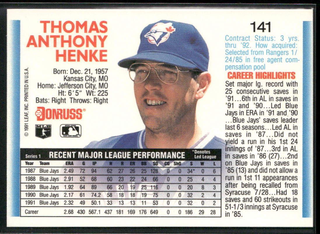 Tom Henke 1992 Donruss #141 Toronto Blue Jays