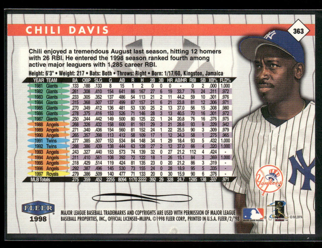 Chili Davis 1998 Fleer Tradition #363 New York Yankees back