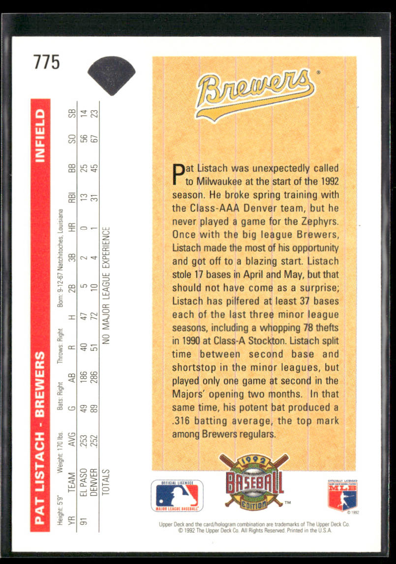 Pat Listach 1992 Upper Deck #775 RC Milwaukee Brewers