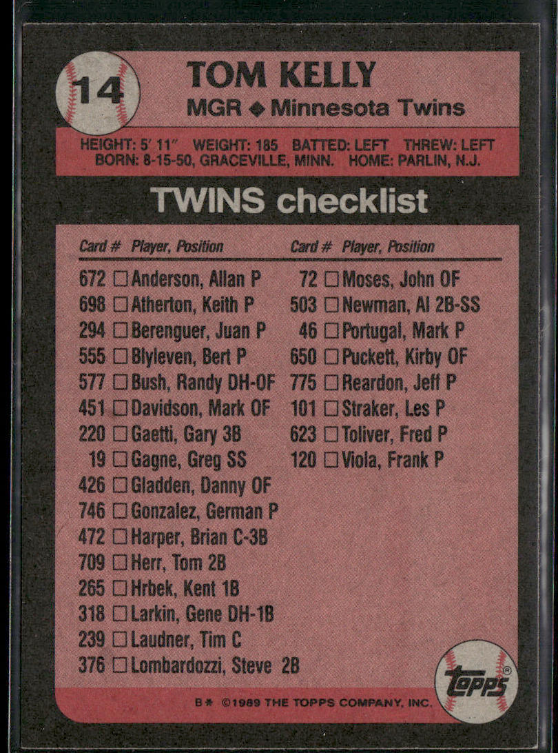 Tom Kelly 1989 Topps #14 Minnesota Twins back