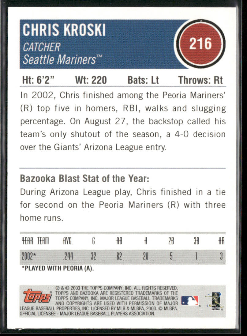 Chris Kroski 2003 Bazooka #216 RC Seattle Mariners back