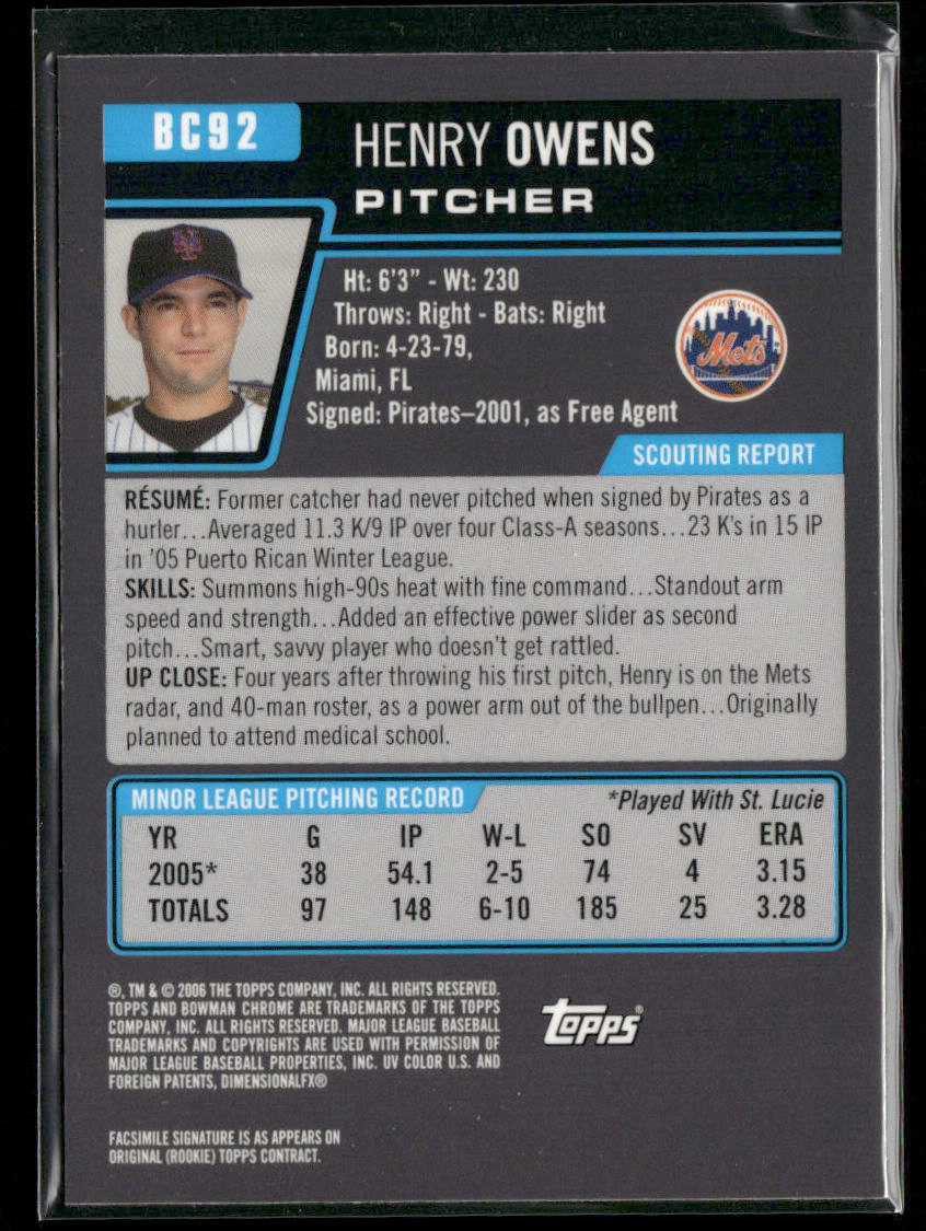 Henry Owens 2006 Bowman Chrome Prospects #BC92 New York Mets