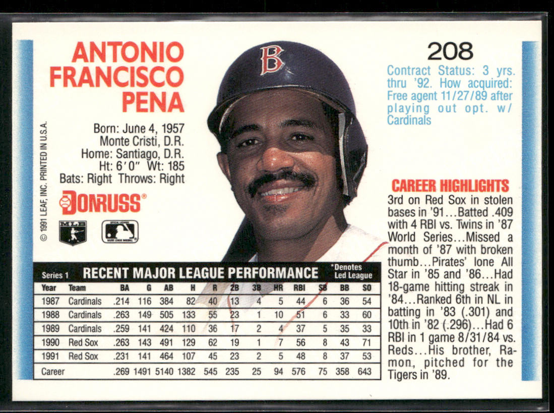 Tony Pena 1992 Donruss #208 Boston Red Sox back