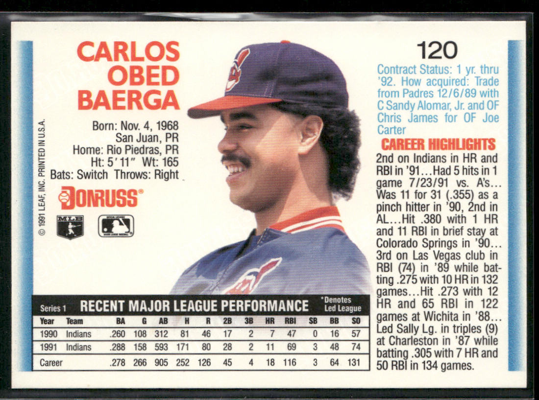 Carlos Baerga 1992 Donruss #120 Cleveland Indians back