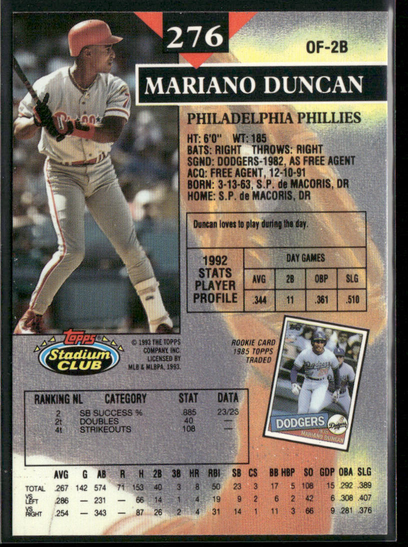 Mariano Duncan 1993 Stadium Club #276 Philadelphia Phillies back