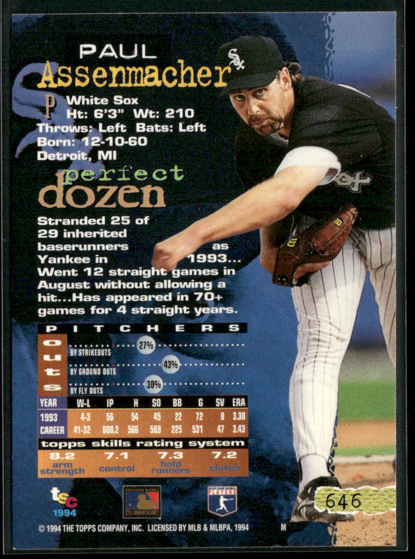 Paul Assenmacher 1994 Stadium Club #646 Chicago White Sox back