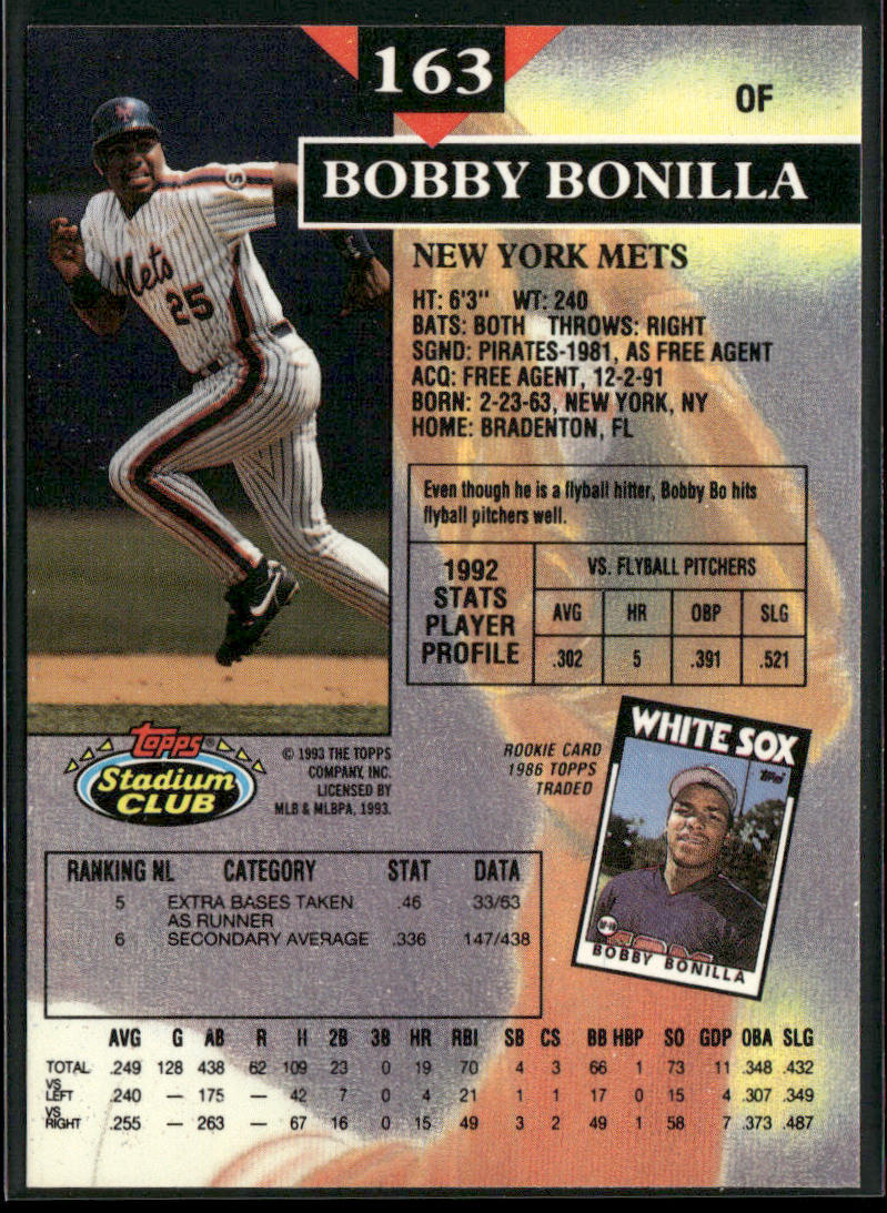 Bobby Bonilla 1993 Stadium Club #163 New York Mets back