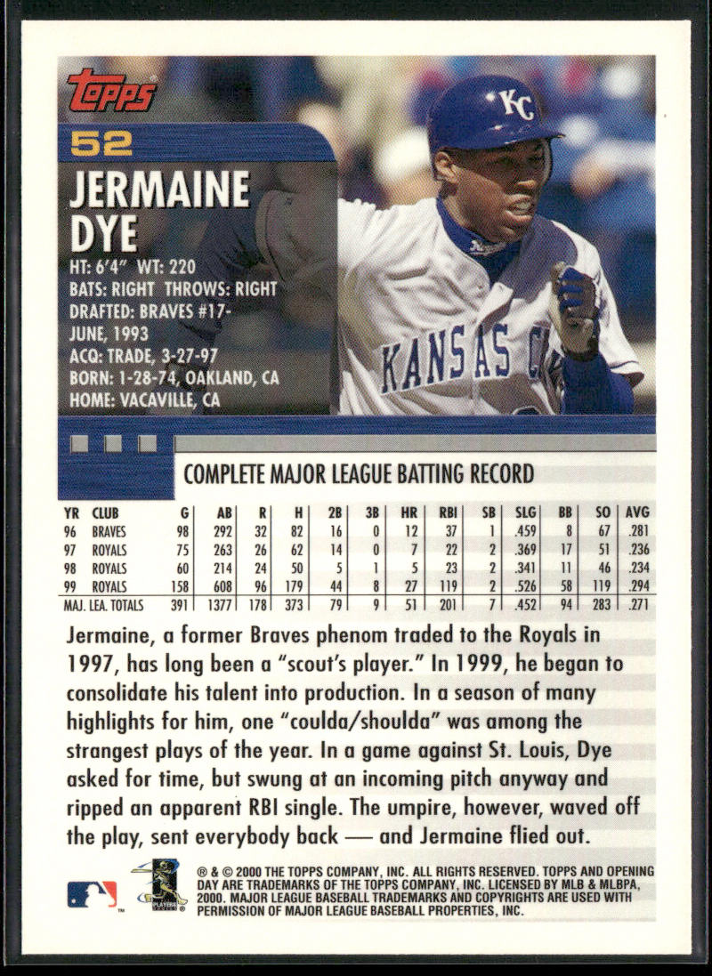 Jermaine Dye 2000 Topps Opening Day #52 Kansas City Royals back