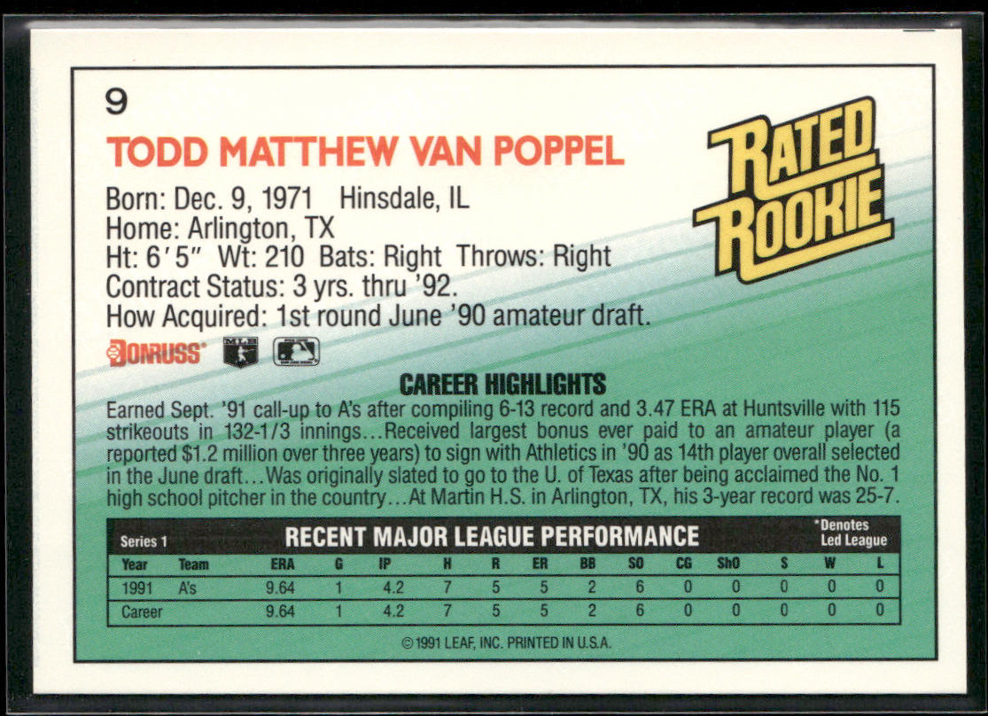 Todd Van Poppel 1992 Donruss #9b Oakland Athletics back