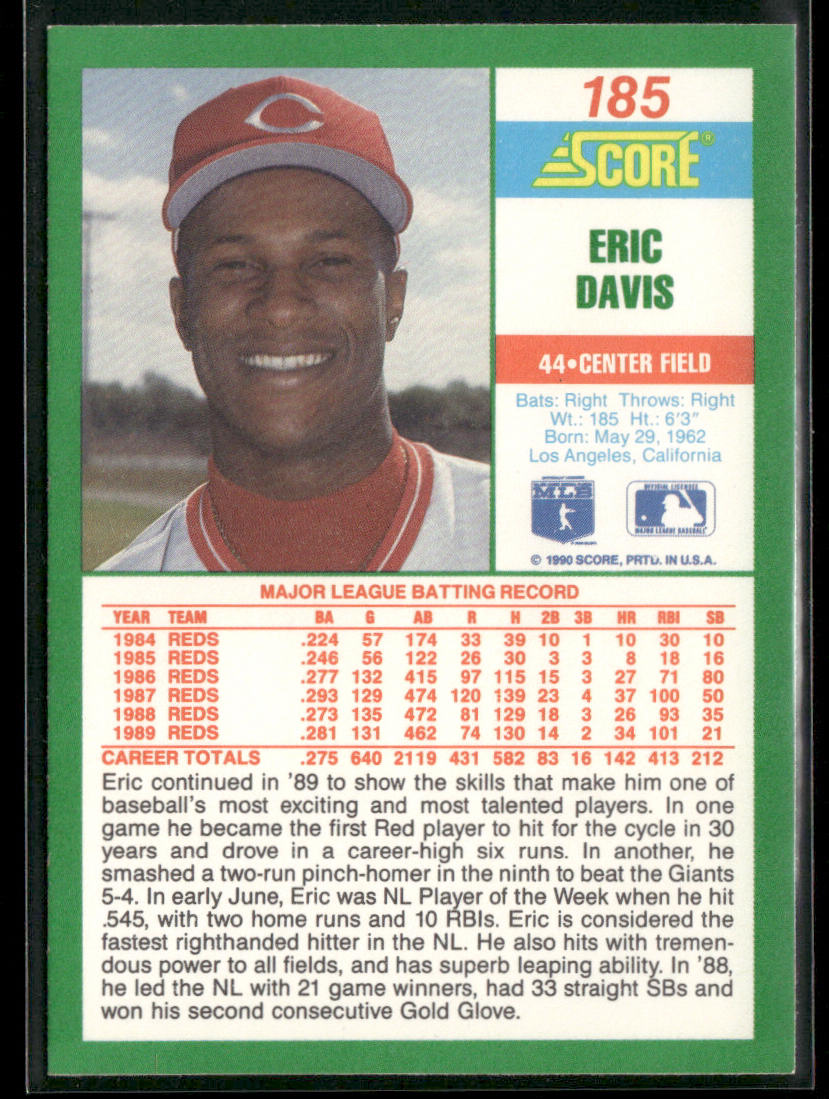 Eric Davis 1990 Score #185 Cincinnati Reds