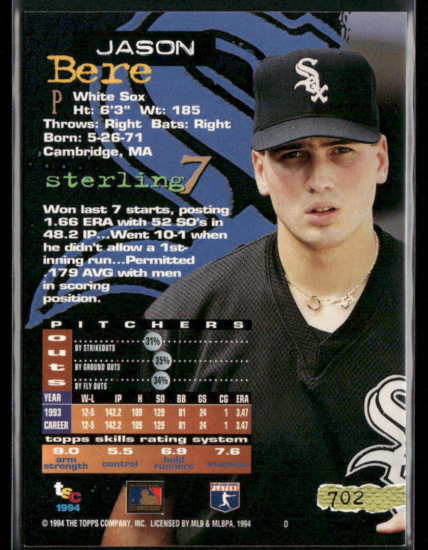 Jason Bere 1994 Stadium Club #702 Chicago White Sox back
