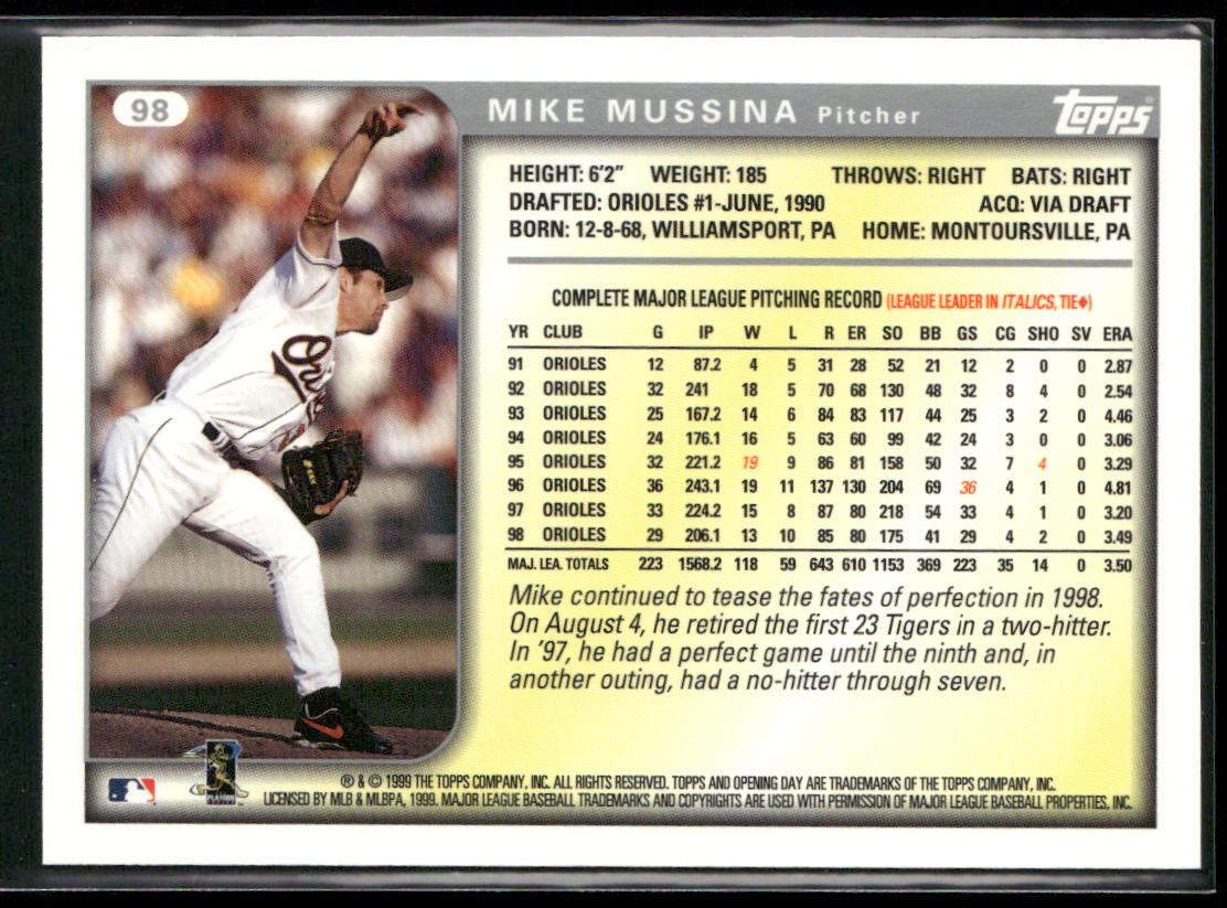 Mike Mussina 1999 Topps Opening Day #98 Baltimore Orioles back