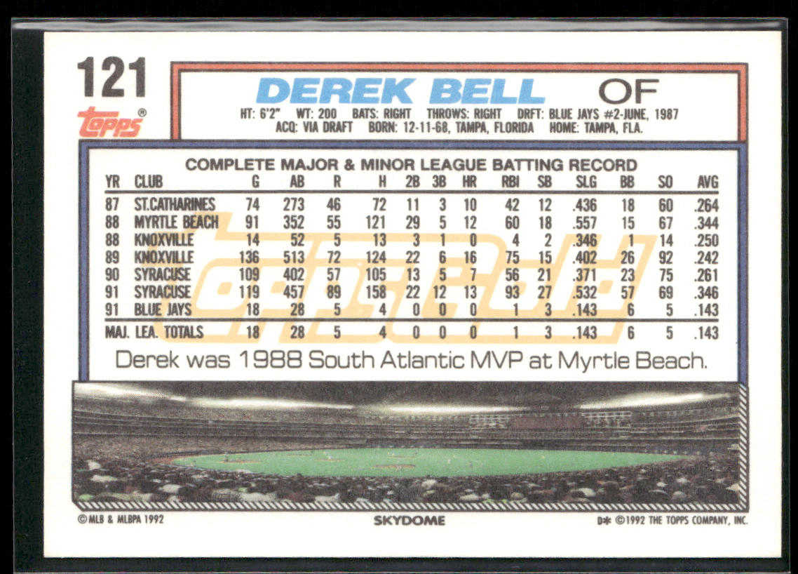 Derek Bell 1992 Topps Gold Winners #121 Toronto Blue Jays