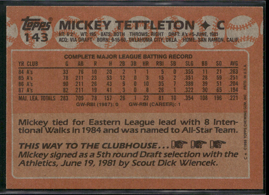 Mickey Tettleton 1988 Topps #143 Oakland Athletics back